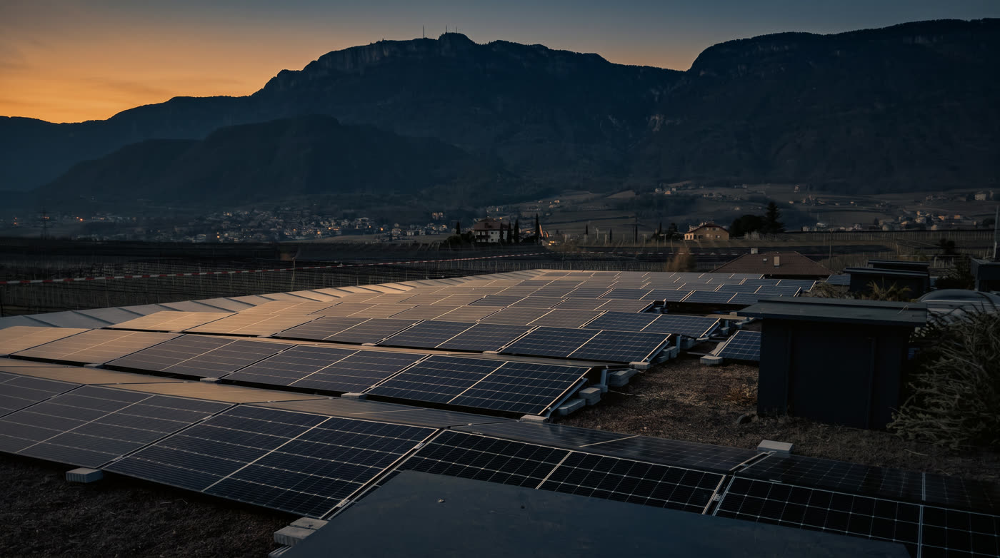 Photovoltaikmodule auf dem Flachdach eines Wellnessresorts in Südtirol